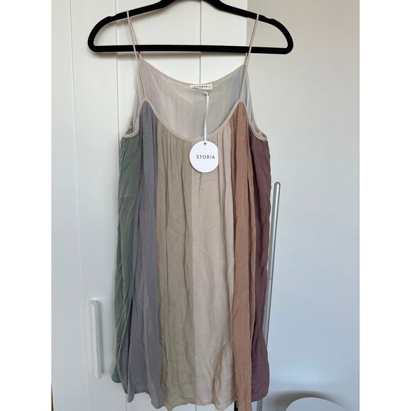 STORIA Women Mini Dress Multicolor Neutrals Trapeze Stripe, NWT, Size M - Picture 1 of 5